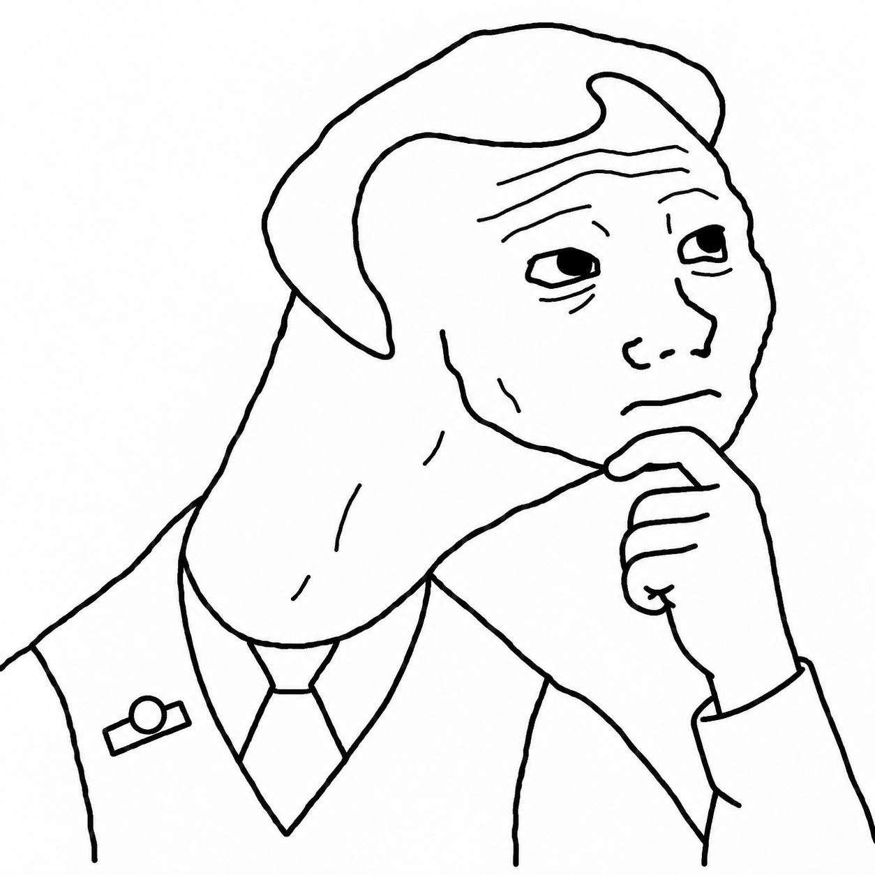 The character thinking with his hand on his chin